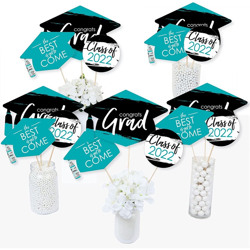 Teal Grad - Best is Yet to Come - 2022 Turquoise Graduation Party Centerpiece Sticks - Table Toppers - Set of 15
