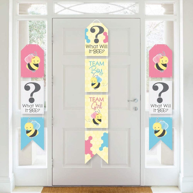 What Will It Bee - Hanging Vertical Paper Door Banners - Gender Reveal Party Wall Decoration Kit - Indoor Door Decor