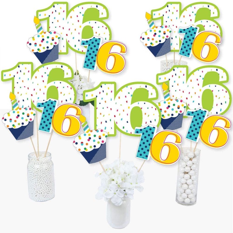 16th Birthday - Cheerful Happy Birthday - Colorful Sweet Sixteen Birthday Party Centerpiece Sticks - Table Toppers - Set of 15