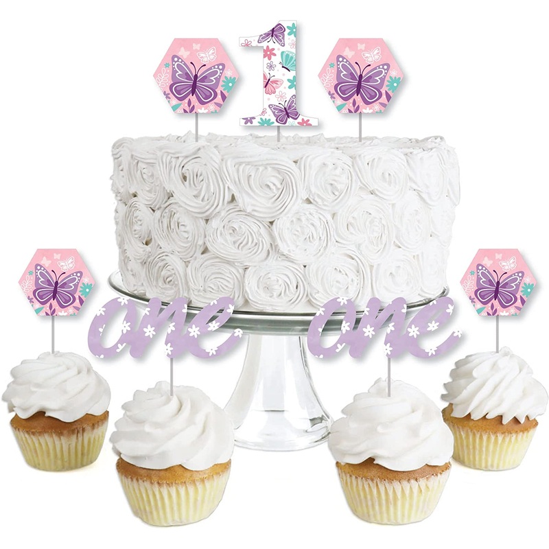 1st Birthday Beautiful Butterfly - Dessert Cupcake Toppers - Floral First Birthday Party Clear Treat Picks - Set of 24