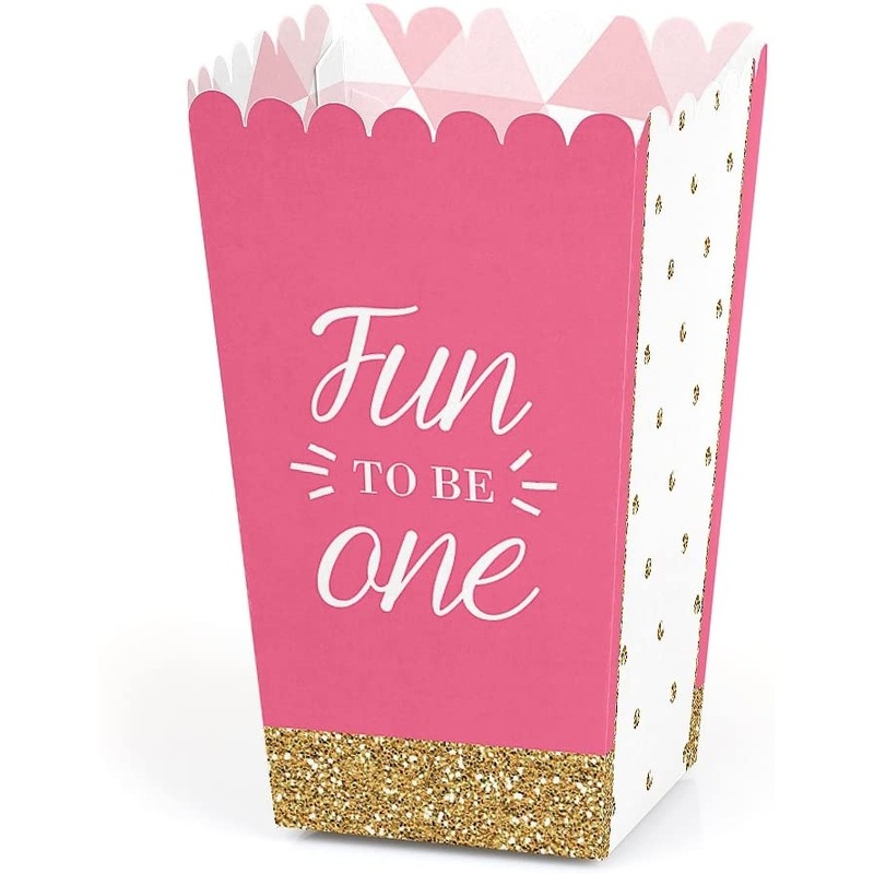 1st Birthday Girl - Fun to be One - First Birthday Party Favor Popcorn Treat Boxes - Set of 12