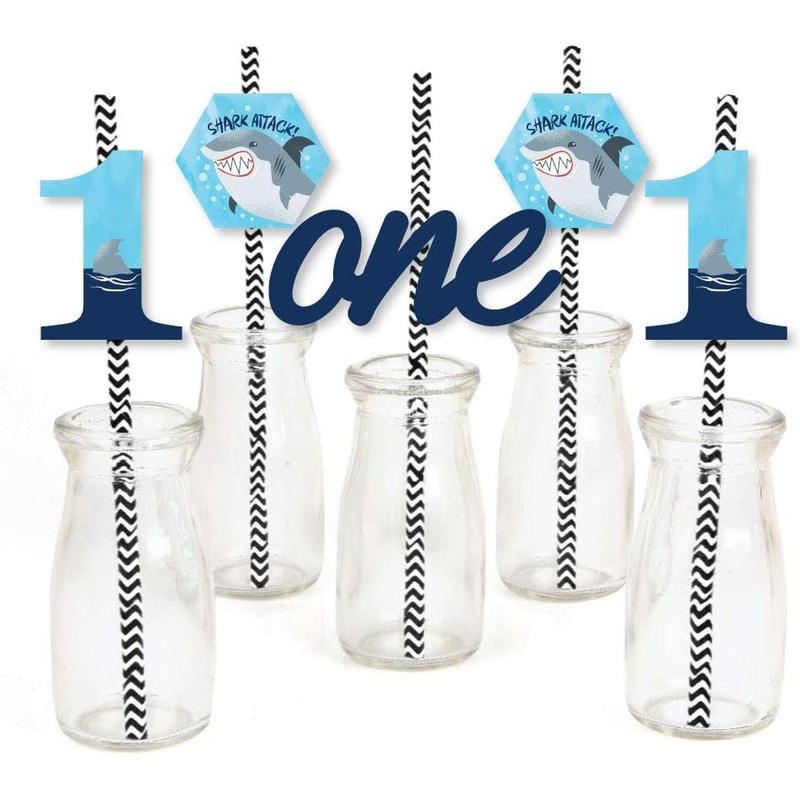 1st Birthday Shark Zone - Paper Straw Decor - Jawsome Shark First Birthday Party Striped Decorative Straws - Set of 24