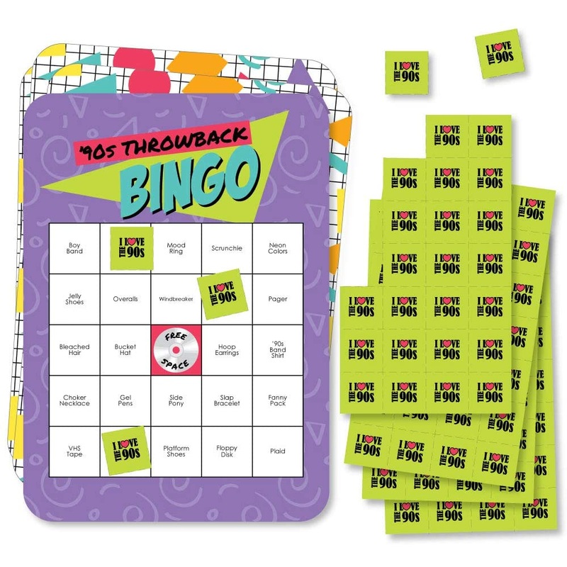90s Throwback - Bar Bingo Cards and Markers - 1990s Party Bingo Game - Set of 18