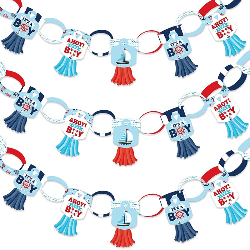 Ahoy Its a Boy - 90 Chain Links and 30 Paper Tassels Decoration Kit - Nautical Baby Shower Paper Chains Garland - 21 feet