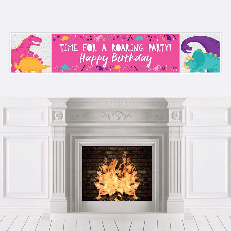 Roar Dinosaur Girl - Dino Mite T-Rex Happy Birthday Decorations Party Banner