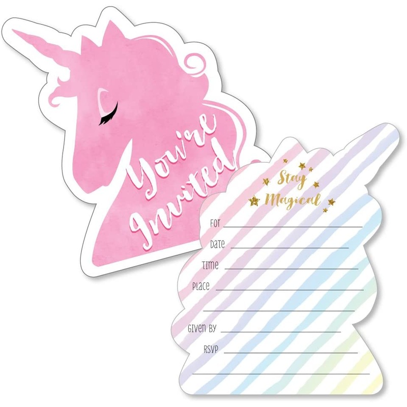 Shaped Fill-In Invitations - Magical Unicorn Baby Shower or Birthday Party Invitation Cards with Envelopes - Set of 12