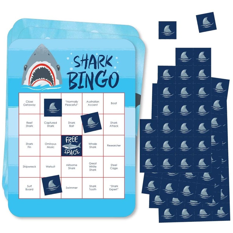 Shark Zone - Bingo Cards and Markers - Jawsome Shark Party Bingo Game - Set of 18