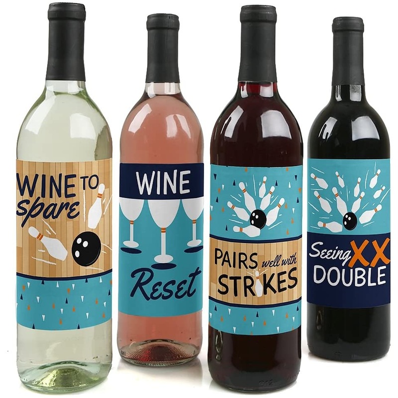 Strike Up the Fun - Bowling Decorations for Women and Men - Bowling Ball Party Wine Bottle Label Stickers - Set of 4