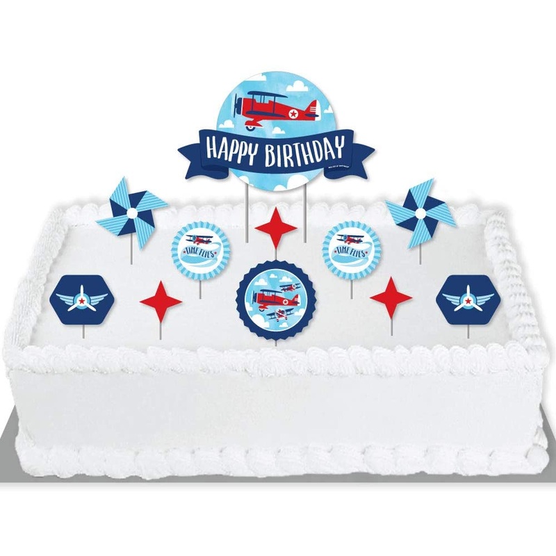 Taking Flight - Airplane - Vintage Plane Birthday Party Cake Decorating Kit - Happy Birthday Cake Topper Set - 11 Pieces