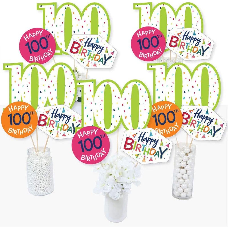 100th Birthday - Cheerful Happy Birthday - Colorful One Hundredth Birthday Party Centerpiece Sticks - Table Toppers - Set of 15