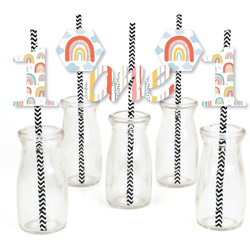 1st Birthday Hello Rainbow - Paper Straw Decor - Boho First Birthday Party Striped Decorative Straws - Set of 24