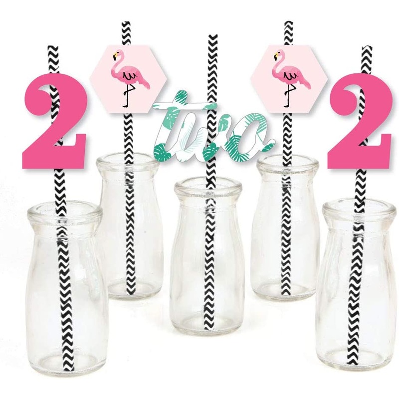 2nd Birthday Pink Flamingo - Paper Straw Decor - Tropical Second Birthday Party Striped Decorative Straws - Set of 24