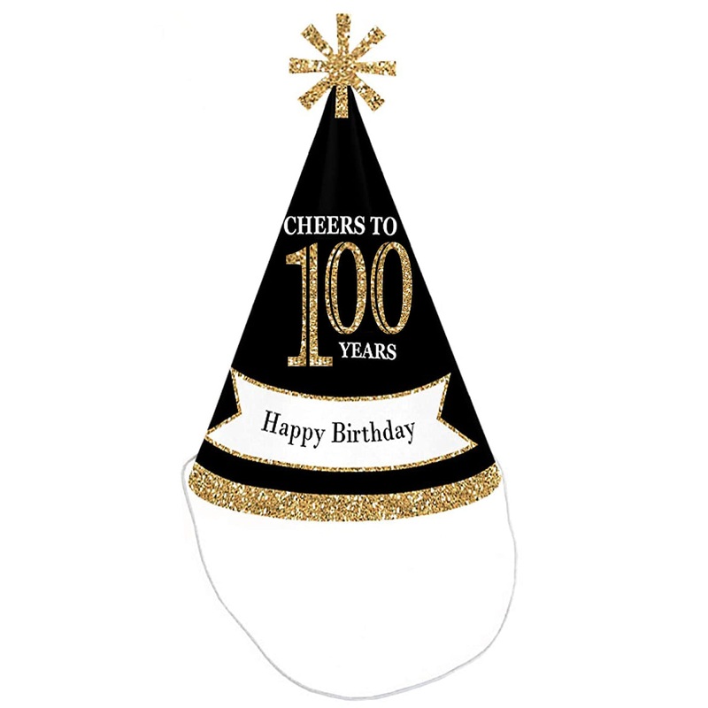 Adult 100th Birthday - Gold - Cone Birthday Party Hats for Kids and Adults - Set of 8