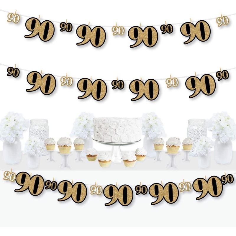 Adult 90th Birthday - Gold - Birthday Party DIY Decorations - Clothespin Garland Banner - 44 Pieces
