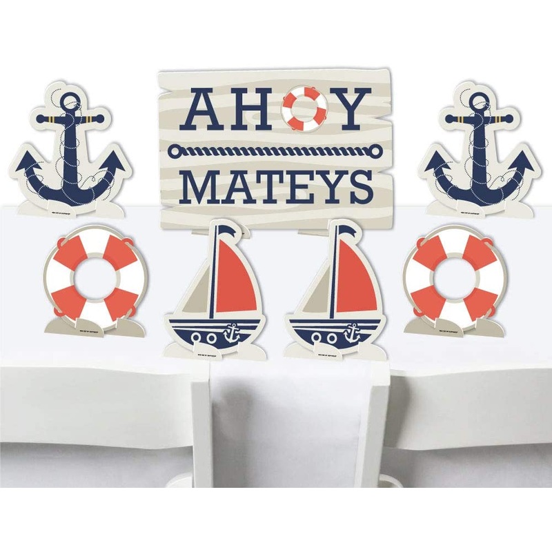 Ahoy - Nautical - Baby Shower or Birthday Party Centerpiece Table Decorations - Tabletop Standups - 7 Pieces