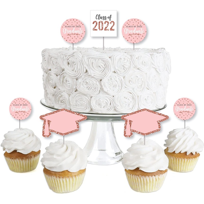 Rose Gold Grad - Dessert Cupcake Toppers - 2022 Graduation Party Clear Treat Picks - Set of 24