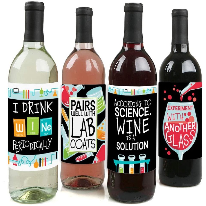 Scientist Lab - Mad Science Baby Shower or Birthday Party Decorations for Women and Men - Wine Bottle Label Stickers - Set of 4