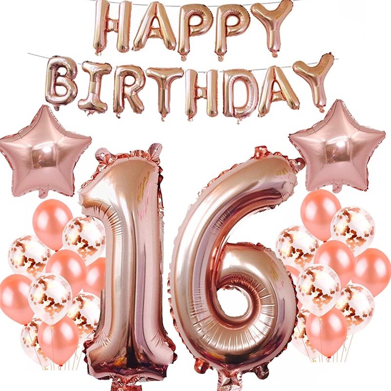 Sweet 16 - Happy Birthday - Big Numbers and Latex Balloon Bouquet - Rose Gold - 37 Balloons
