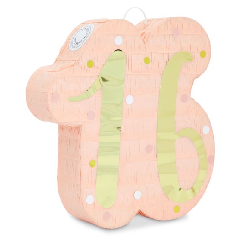Sweet 16 Number Pinata for Girls 16th Birthday Party Decorations Supplies, Pink and Gold, 16.5 x 13 x 3 in