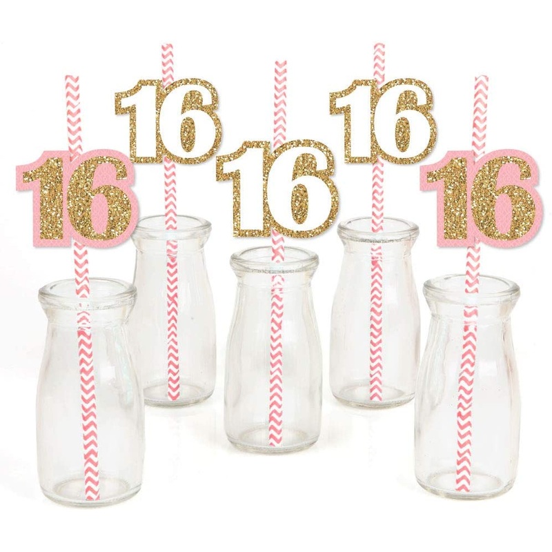 Sweet 16 - Paper Straw Decor - Birthday Party Striped Decorative Straws - Set of 24