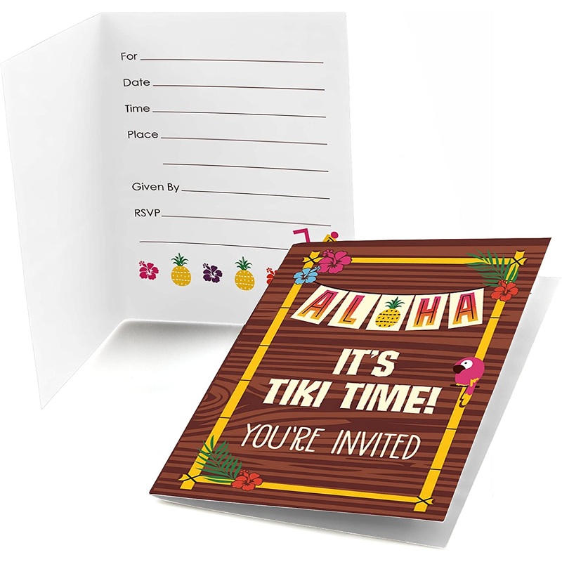 Tiki Luau - Fill In Tropical Hawaiian Summer Party Invitations (8 count)