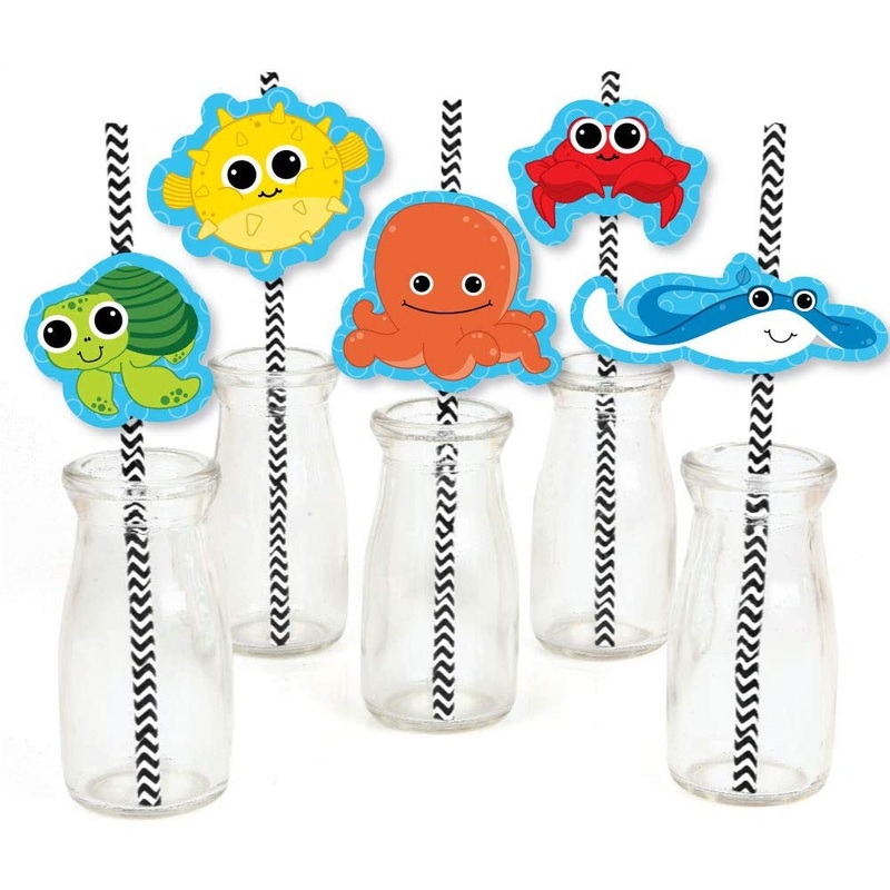 Under the Sea Critters - Paper Straw Decor - Birthday Party or Baby Shower Striped Decorative Straws - Set of 24