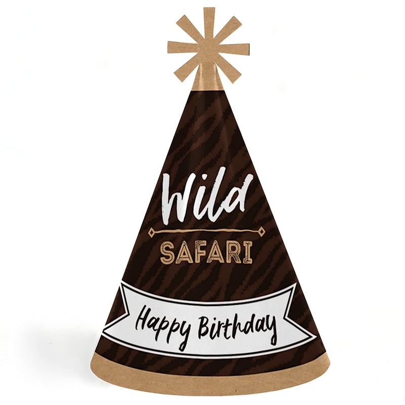 Wild Safari - Cone African Jungle Adventure Happy Birthday Party Hats for Kids and Adults - Set of 8