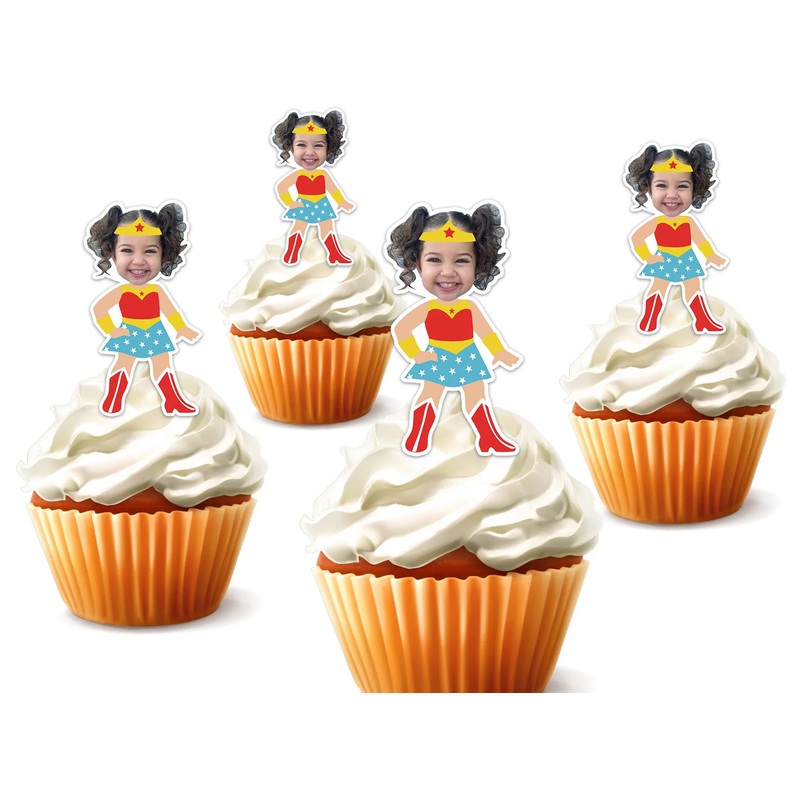 Wonder Woman - Cupcake Decoration - Custom Photo Wonder Woman and Treat Picks Kit - Set of 18