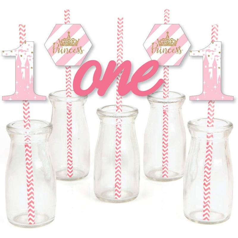 1st Birthday Little Princess Crown - Paper Straw Decor - Pink and Gold Princess First Birthday Party Striped Decorative Straws - Set of 24