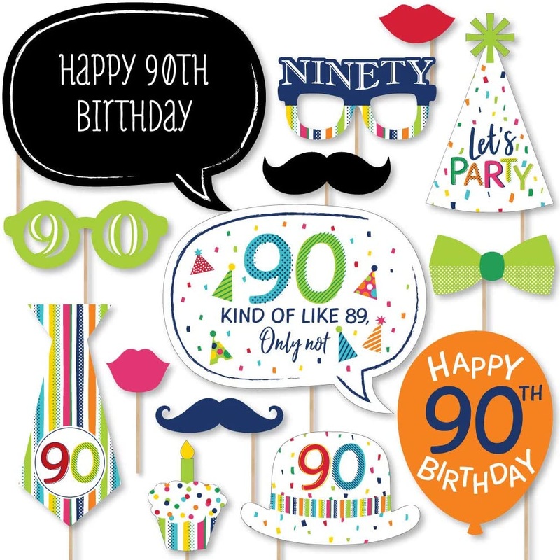 90th Birthday - Cheerful Happy Birthday - Colorful Ninetieth Birthday Party Photo Booth Props Kit - 20 Count