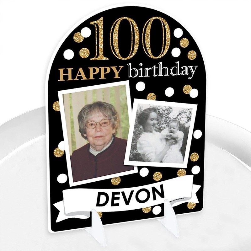 Adult 100th Birthday - Gold - Custom Birthday Party Picture Display Stand - Photo Tabletop Sign - Upload 2 Photos - 1 Piece