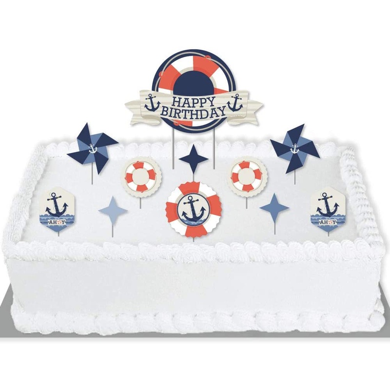 Ahoy - Nautical - Birthday Party Cake Decorating Kit - Happy Birthday Cake Topper Set - 11 Pieces