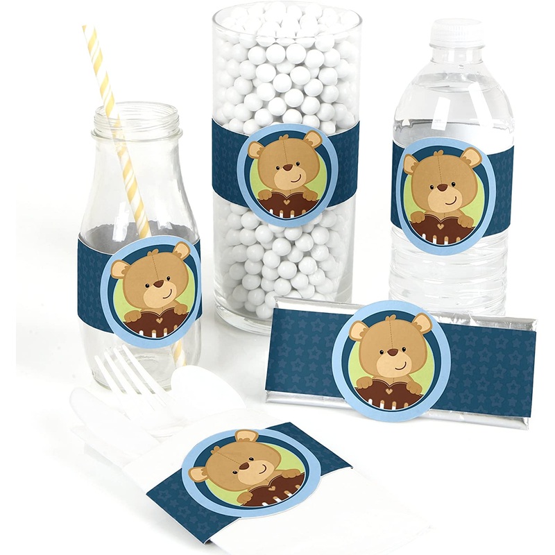 Baby Boy Teddy Bear - DIY Party Supplies - Baby Shower DIY Wrapper Favors & Decorations - Set of 15