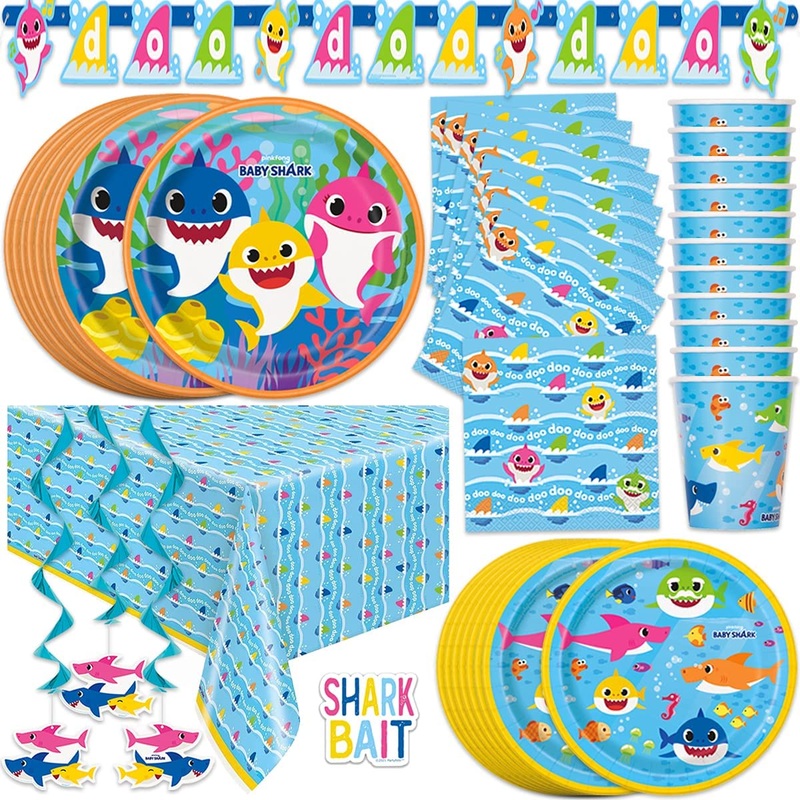Baby Shark Birthday Decorations Set | Baby Shark Party Supplies | With Banner, Tablecloth Table Cover, Dinner Plates, Cake Plates, Cups, Napkins, Sticker | Serves 16 Guests