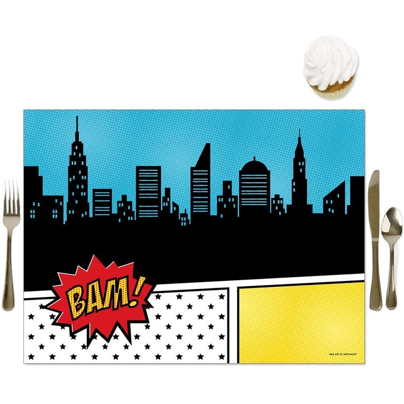 Bam Superhero - Party Table Decorations - Baby Shower or Birthday Party Placemats - Set of 16