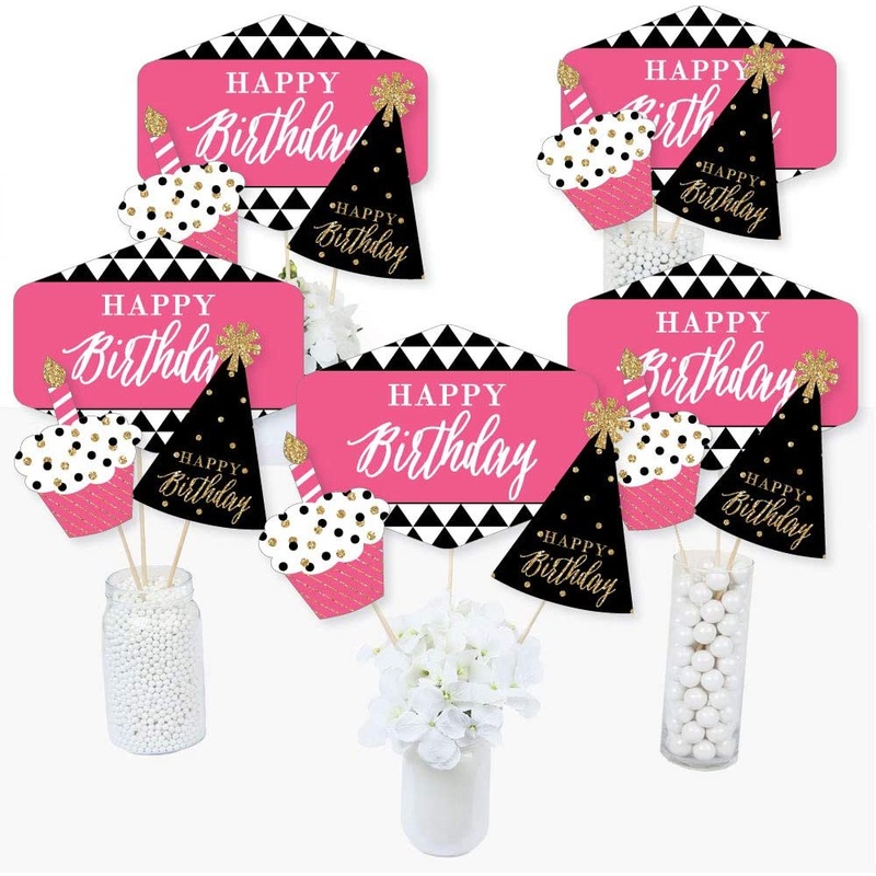 Chic Happy Birthday - Pink, Black and Gold - Birthday Party Centerpiece Sticks - Table Toppers - Set of 15
