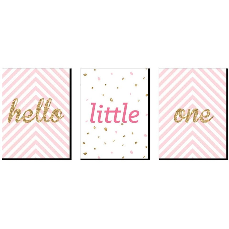 Hello Little One - Pink and Gold - Baby Girl Nursery Wall Art and Kids Room Decorations - Gift Ideas - 7.5 x 10 inches - Set of 3 Prints