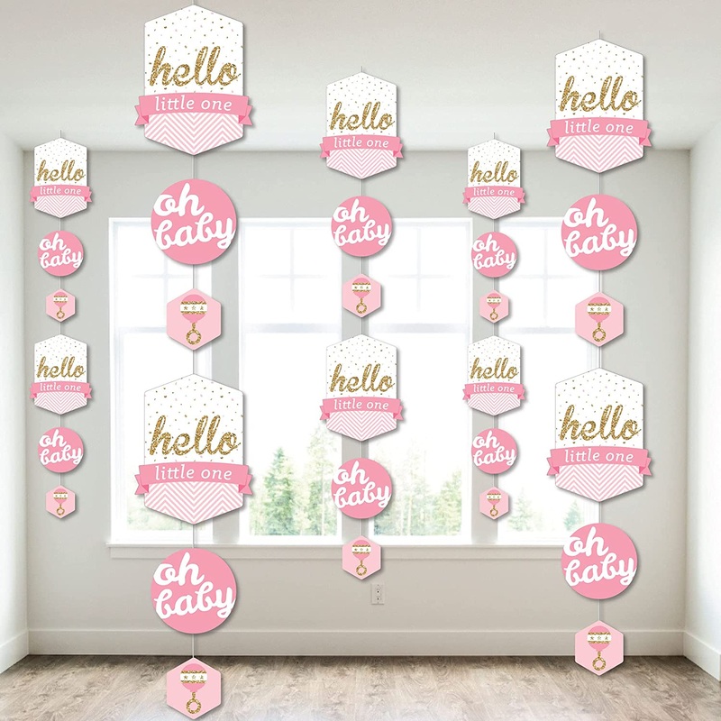 Hello Little One - Pink and Gold - Girl Baby Shower DIY Dangler Backdrop - Hanging Vertical Decorations - 30 Pieces