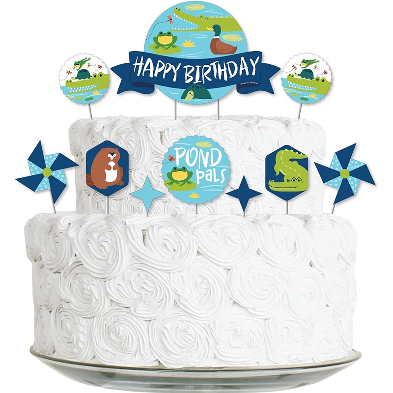 Pond Pals - Frog, Alligator, Turtle, Beaver and Duck Birthday Party Cake Decorating Kit - Happy Birthday Cake Topper Set - 11 Pieces