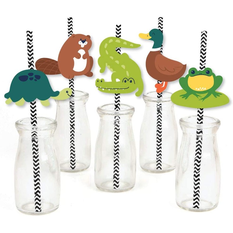 Pond Pals - Paper Straw Decor - Frog, Alligator, Turtle, Beaver and Duck Birthday Party or Baby Shower Striped Decorative Straws - Set of 24