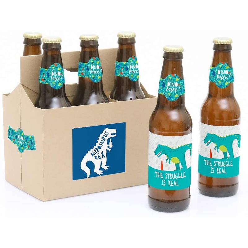 Roar Dinosaur - Dino Mite T-Rex Party Decorations for Women and Men - 6 Beer Bottle Label Stickers and 1 Carrier