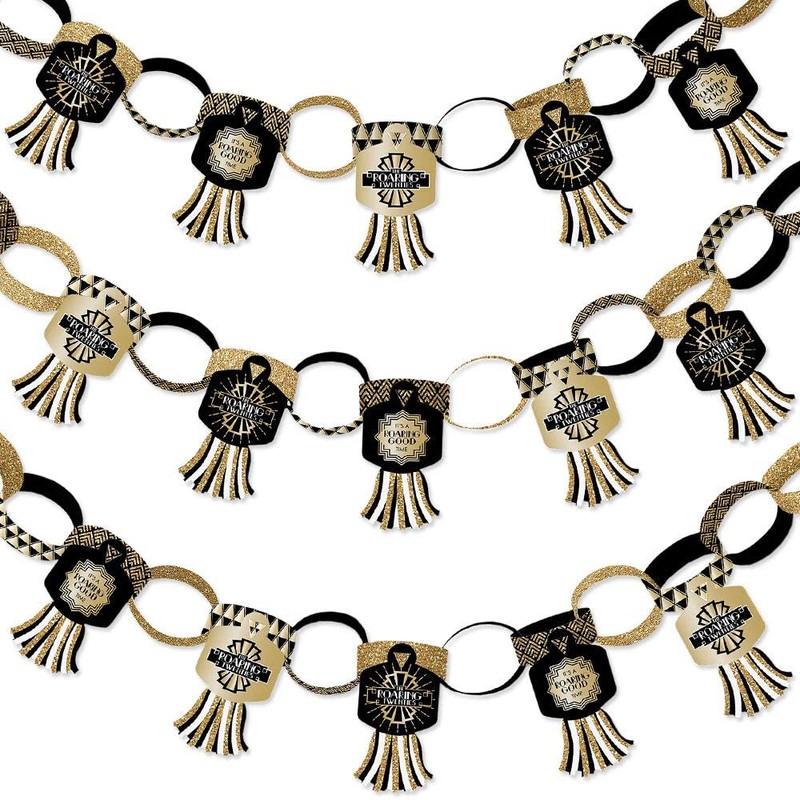 Roaring 20s - 90 Chain Links and 30 Paper Tassels Decoration Kit - 1920s Art Deco Jazz Party Paper Chains Garland - 21 feet