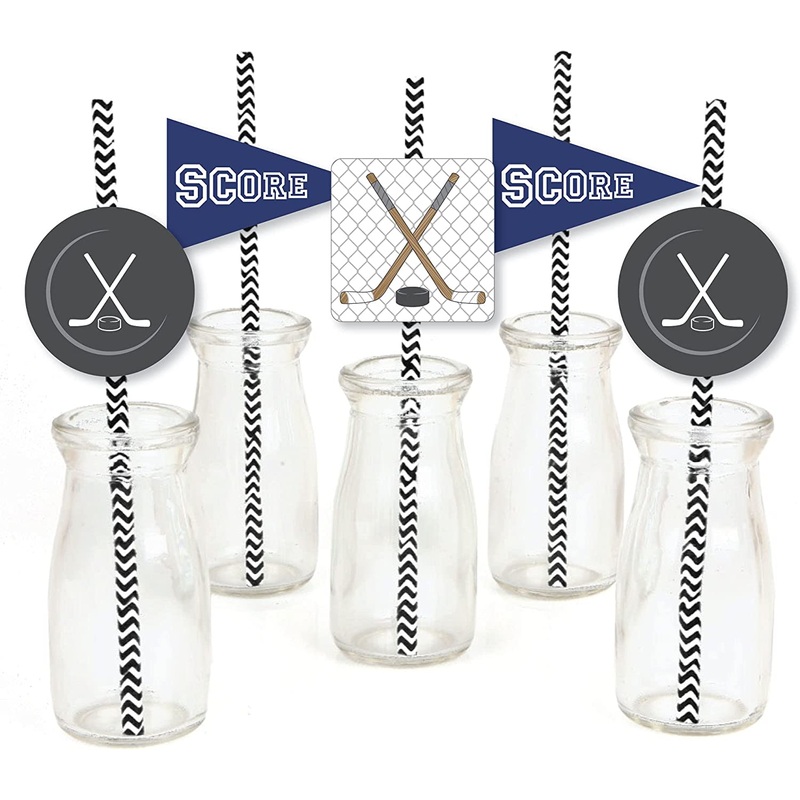 Shoots and Scores - Hockey Paper Straw Decor - Baby Shower or Birthday Party Striped Decorative Straws - Set of 24