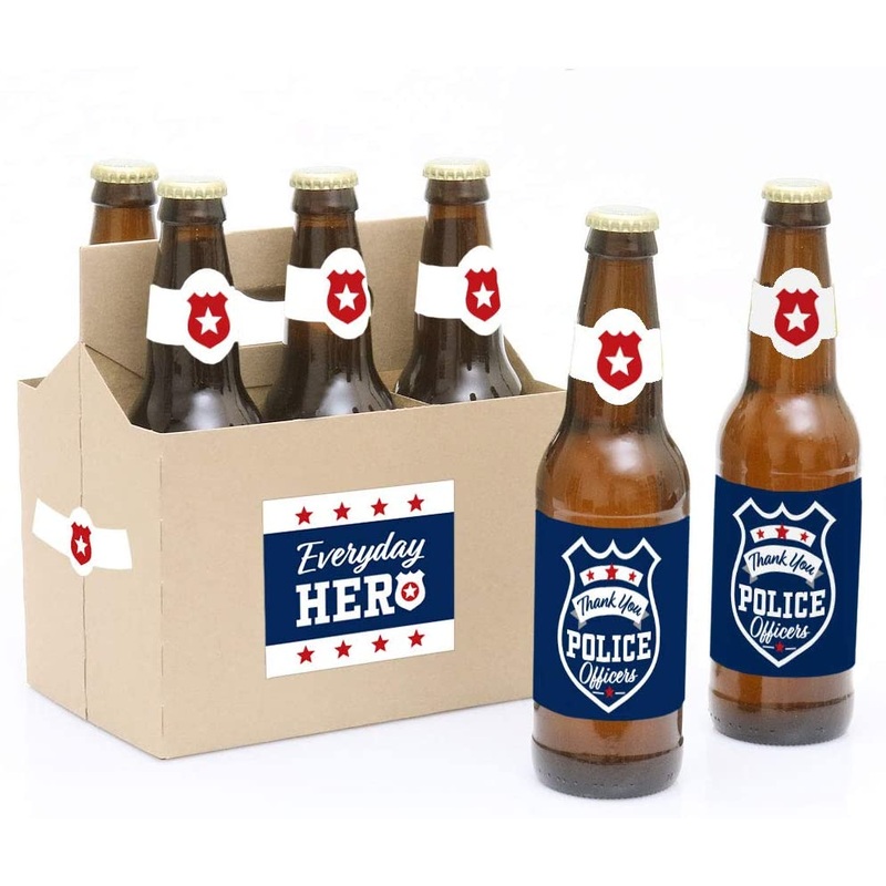 Thank You Police Officers - First Responders Appreciation Decorations for Women and Men - 6 Beer Bottle Label Stickers and 1 Carrier