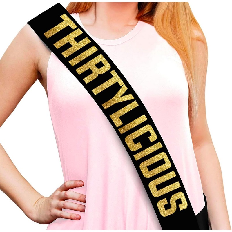 Thirtylicious Black and Gold Glitter Satin Sash - Happy 30th Birthday Party Supplies, Ideas and Decorations