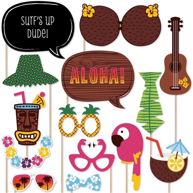 Tiki Luau - Tropical Hawaiian Summer Party Photo Booth Props Kit - 20 Count