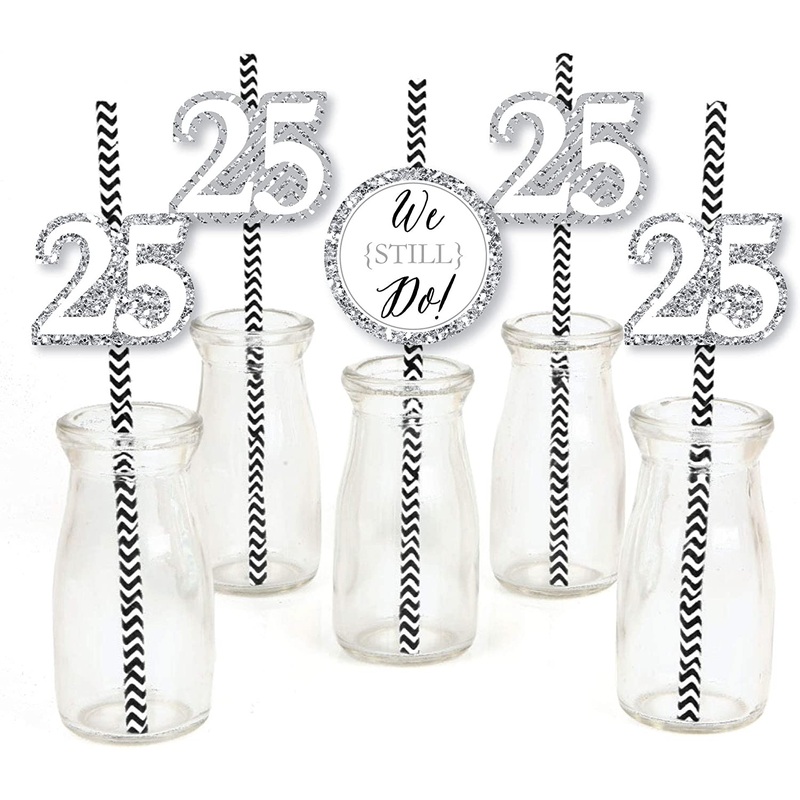 We Still Do Paper Straw Decor - 25th Wedding Anniversary Party Striped Decorative Straws - Set of 24