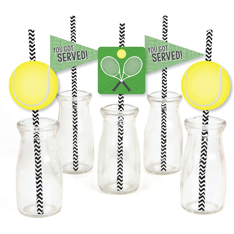 You Got Served - Tennis - Paper Straw Decor - Baby Shower or Tennis Ball Birthday Party Striped Decorative Straws - Set of 24
