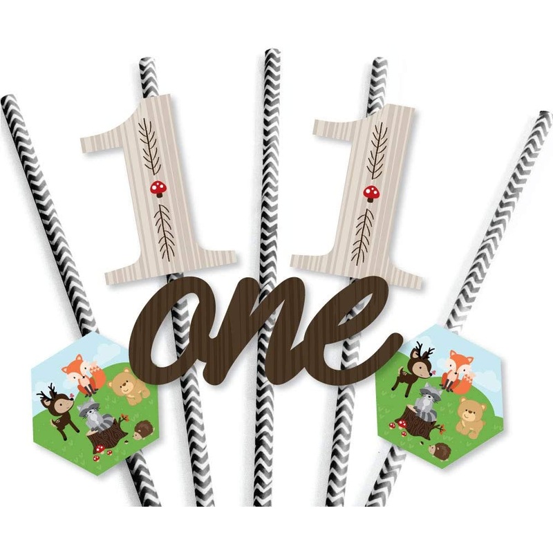 1st Birthday Woodland Creatures - Paper Straw Decor - First Birthday Party Striped Decorative Straws - Set of 24