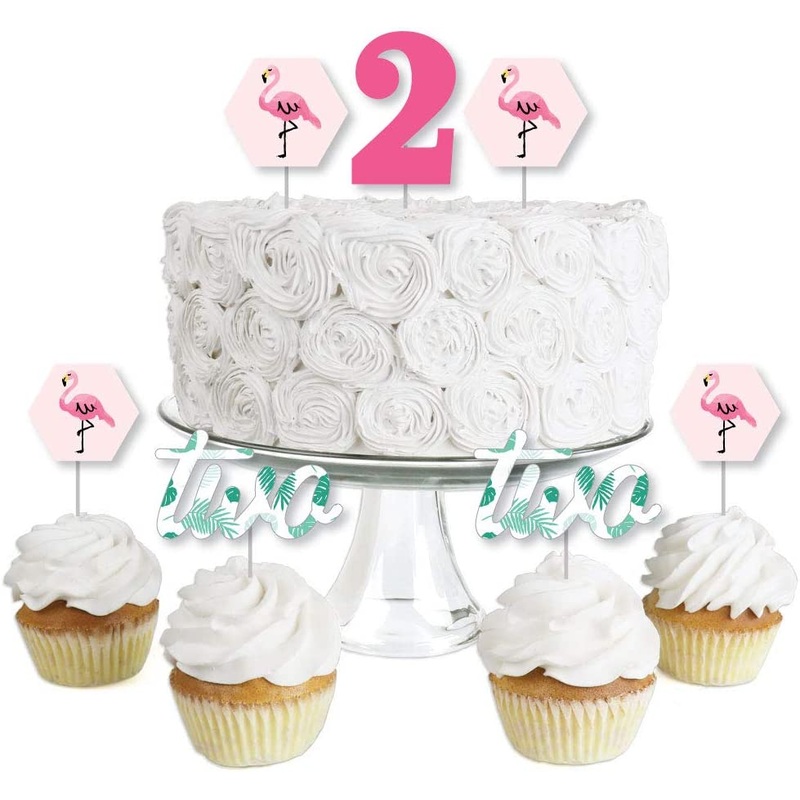 2nd Birthday Pink Flamingo - Dessert Cupcake Toppers - Tropical Second Birthday Party Clear Treat Picks - Set of 24